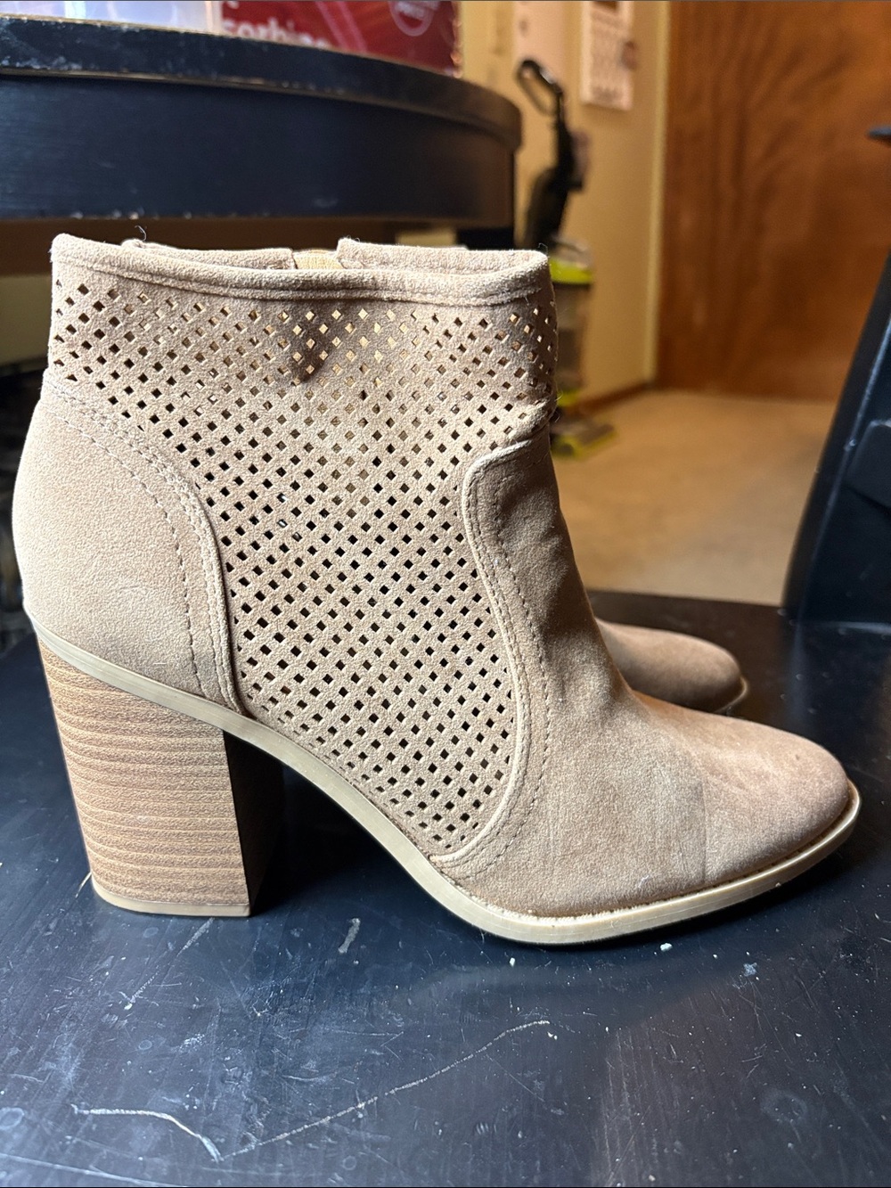 Universal Thread Tan Suede Perforated Block Heel Ankle Boots